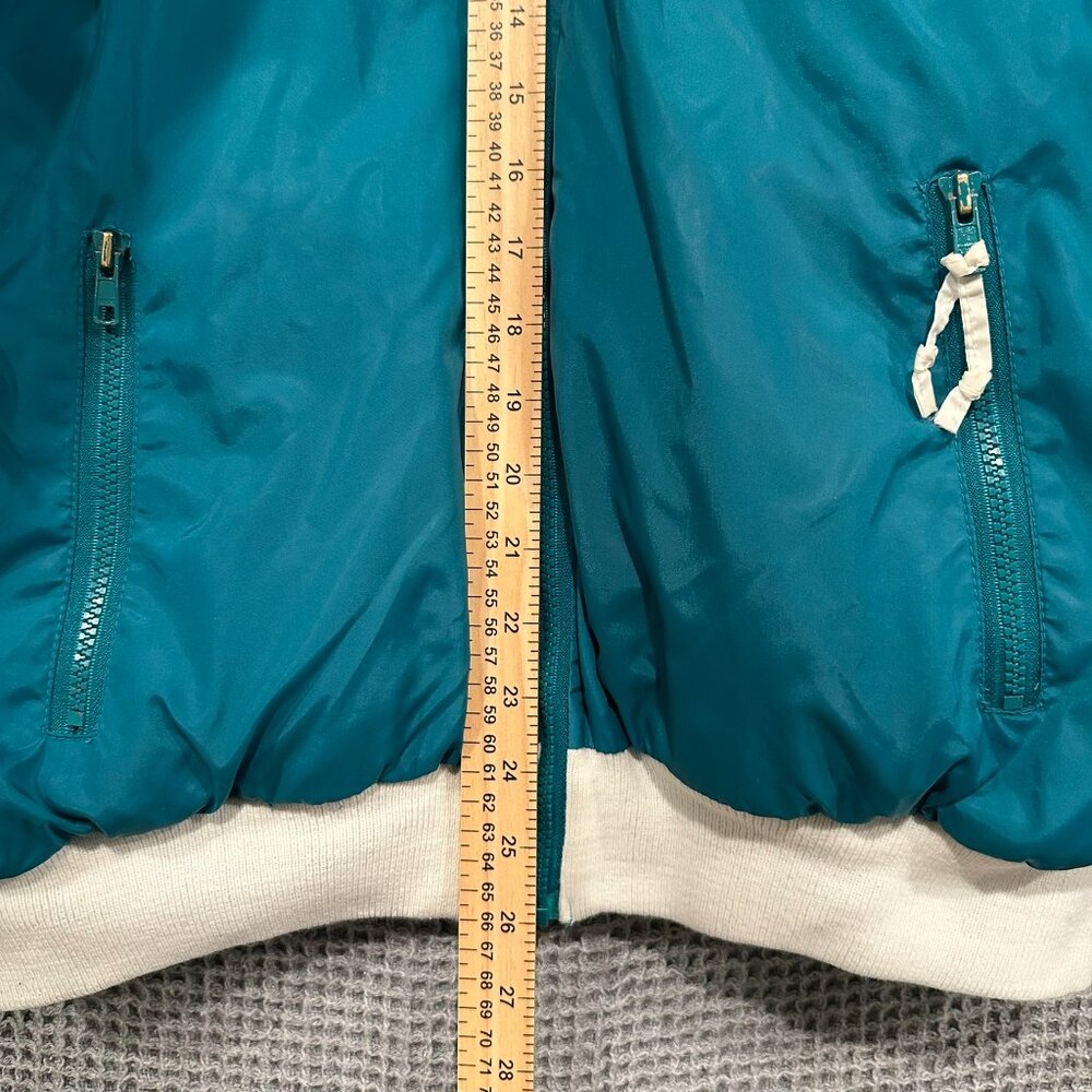 Vintage 90s Y2K Women's Medium Teal and White Reversible Puffer Bomber Jacket - Picture 5 of 12